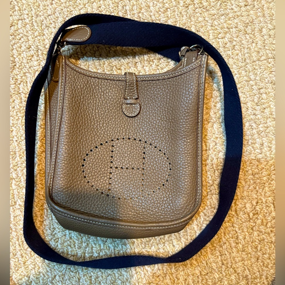 Brown Leather hermes Evelyne mini with navy strap in like new condition